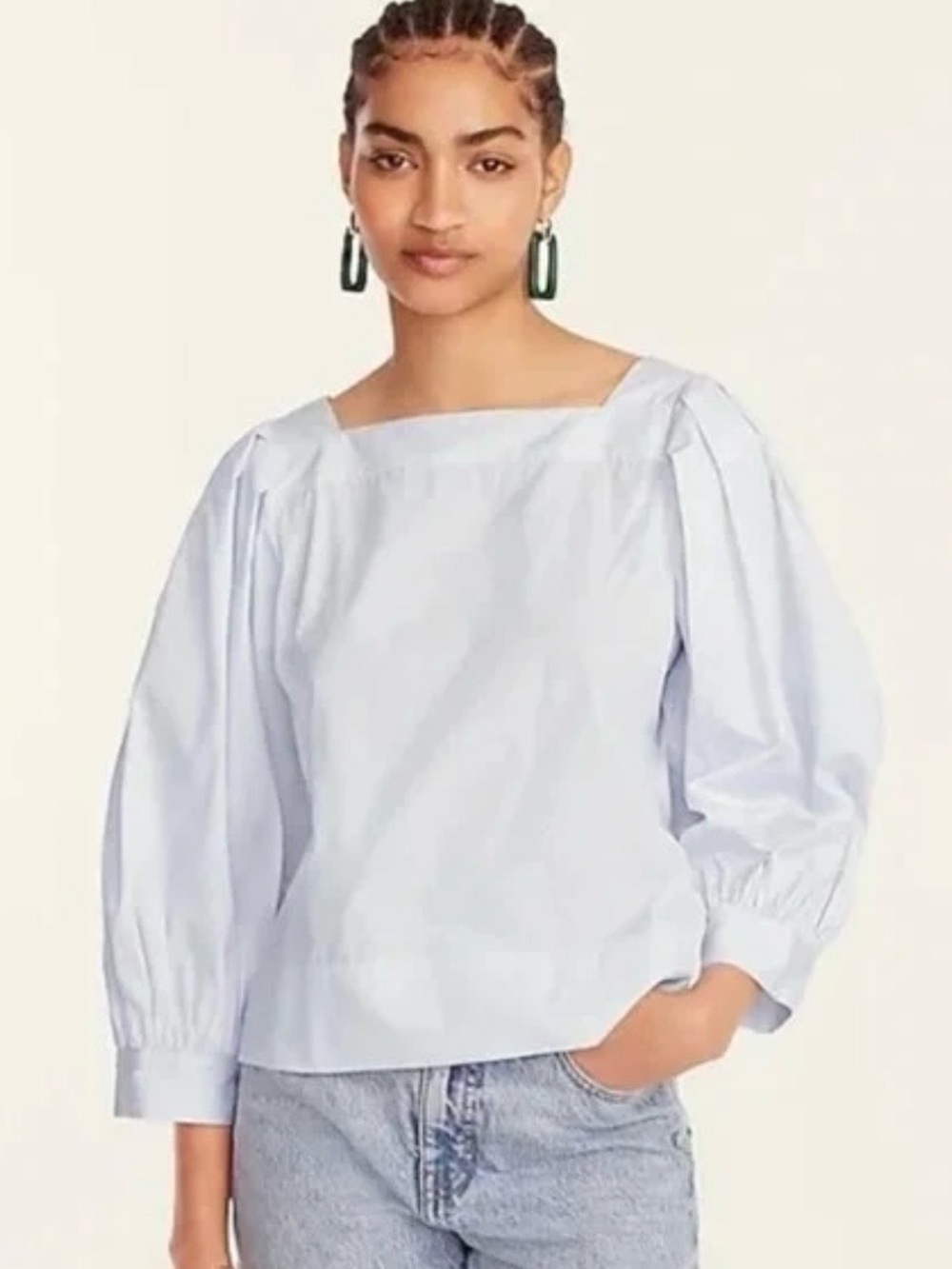 Thomas Mason +J. Crew Blue White Stripe Square Neck Balloon Sleeve Poplin Top XS